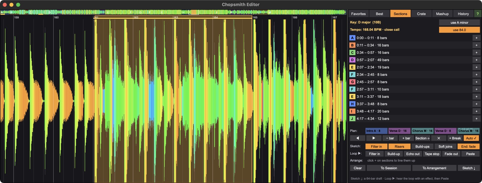 The Chopsmith Editor: a big waveform and the Sections tab listing the song's sections, with Plan, Sketch and Loop rows.